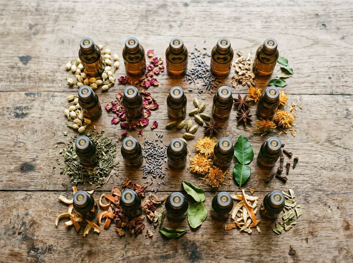 a-z list of essential oils arranged on wood