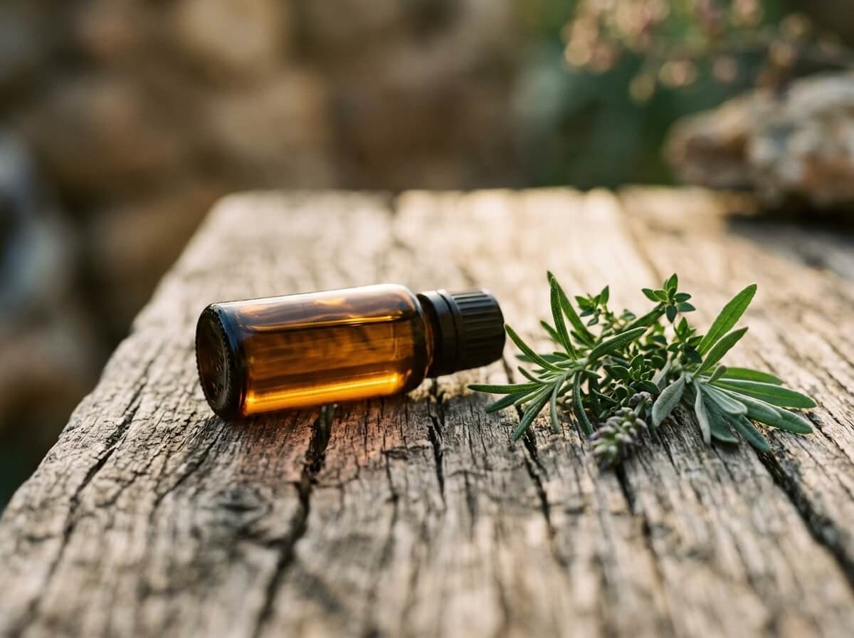 essential oil bottle with botanical sprig in calm light
