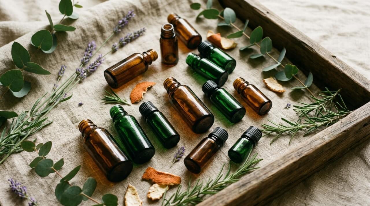 list of essential oils and their uses arranged on linen