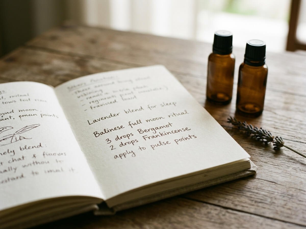 botanical journal beside essential oil bottles