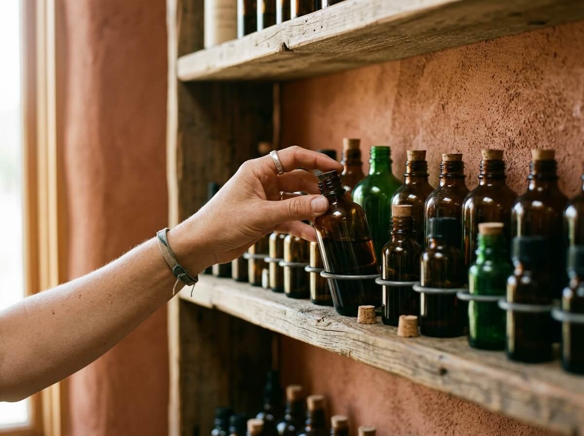 selecting an essential oil from a wooden apothecary shelf