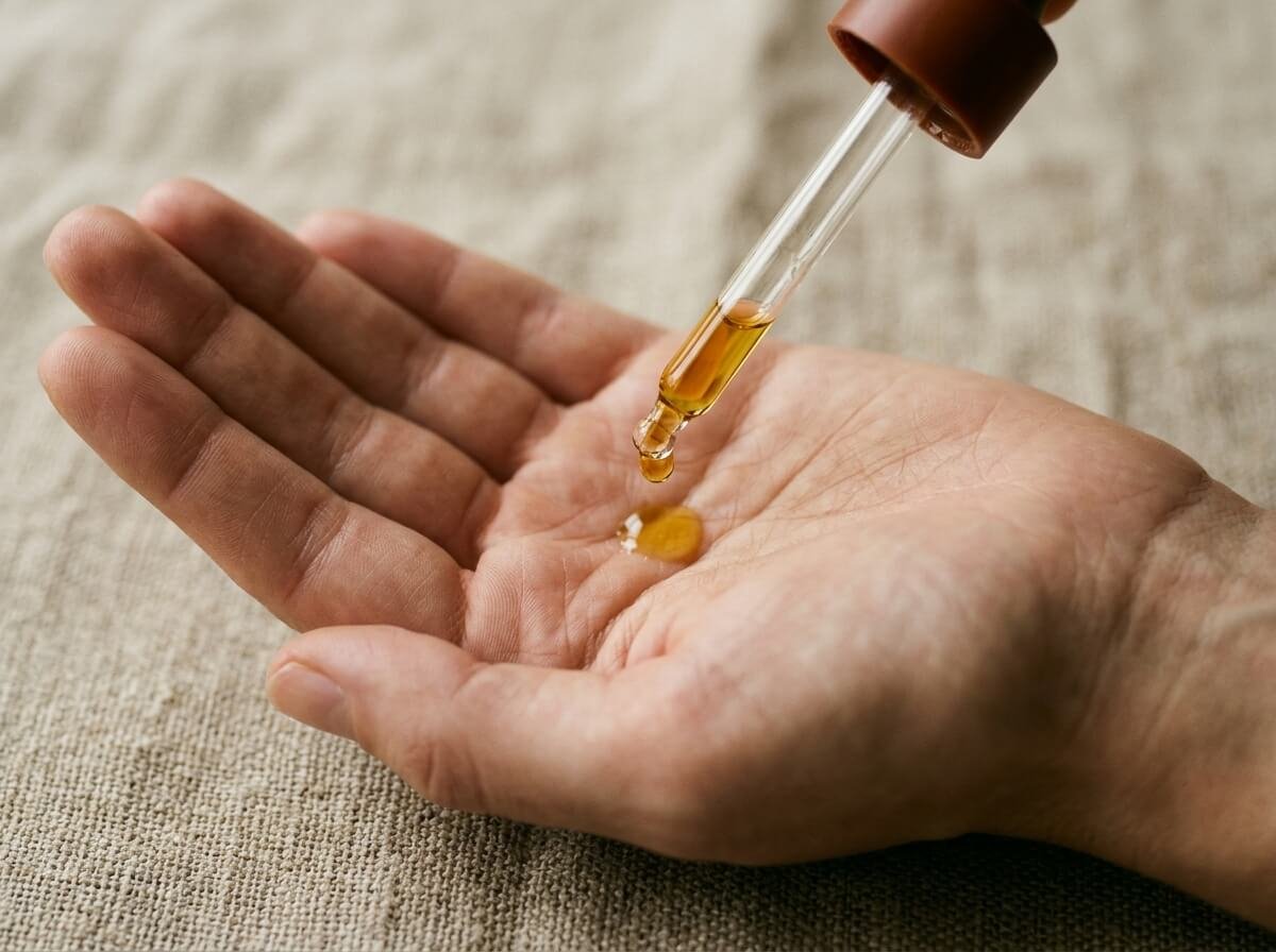 a single drop of golden face oil falling into an open palm