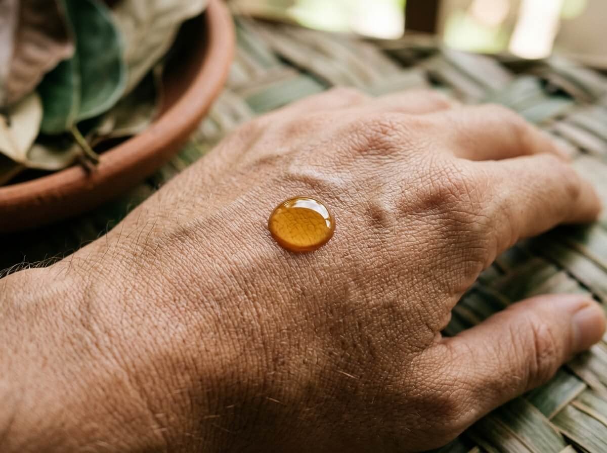 macro droplet of balinese face oil sitting on skin showing the barrier layer
