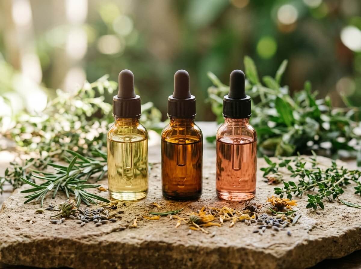 three amber face oil bottles for different skin types lined up with botanicals