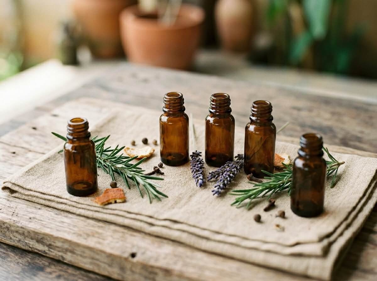 Five small glass bottles of essential oil arranged on linen with fresh botanicals, soft daylight