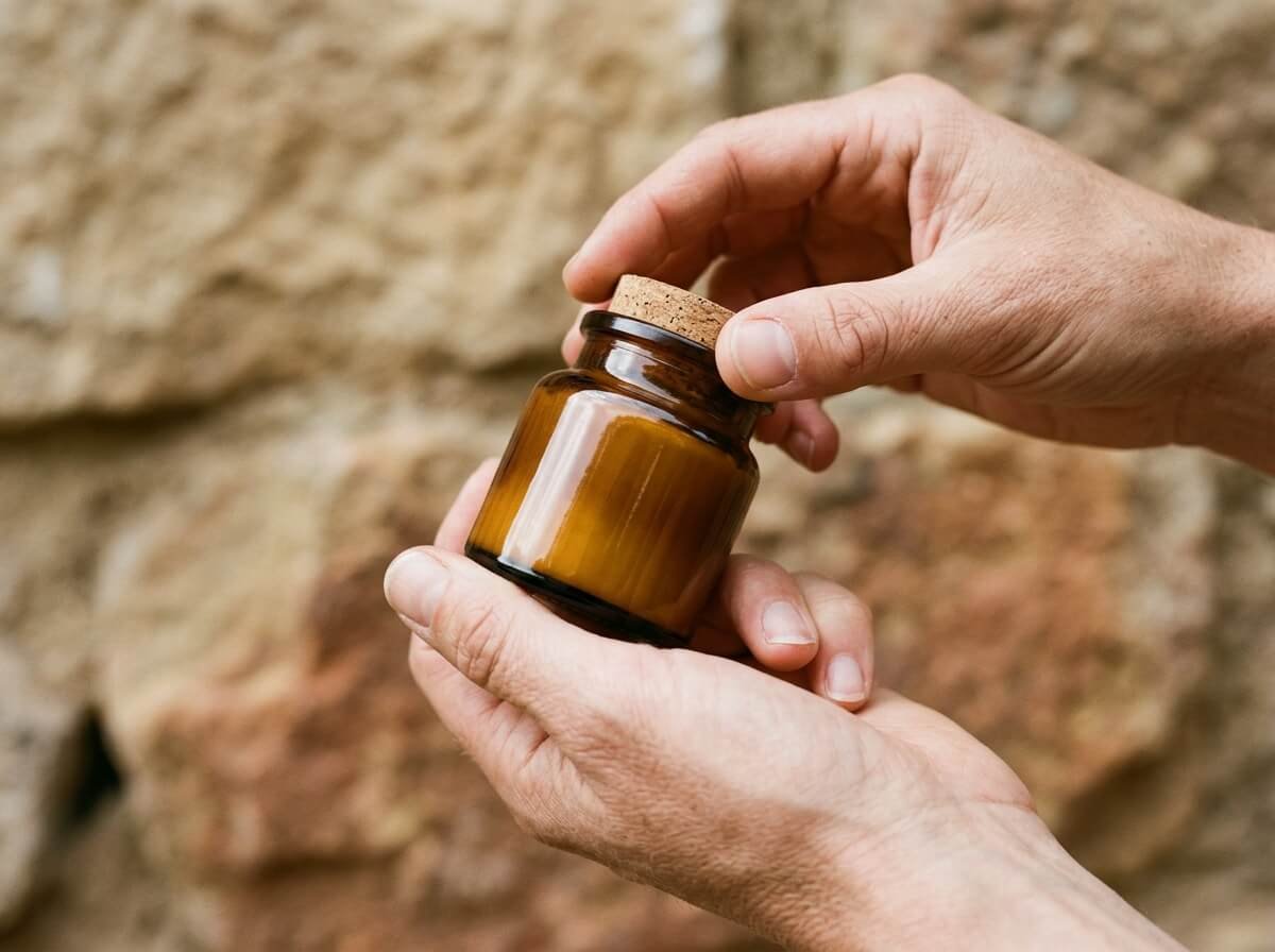 Close-up of hands turning a glass jar of natural face moisturizer to read the ingredient list label