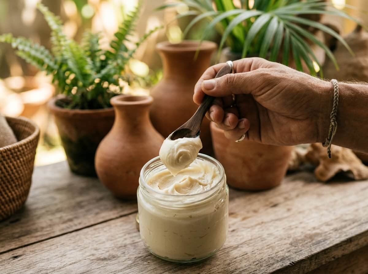 hand scooping natural body butter from a glass jar