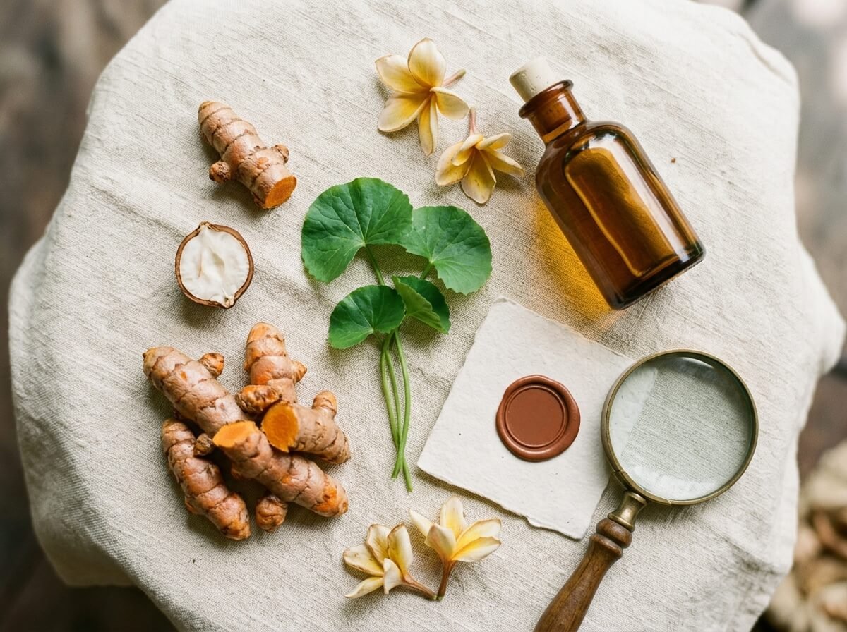 flat lay of balinese botanical ingredients next to an amber bottle being inspected