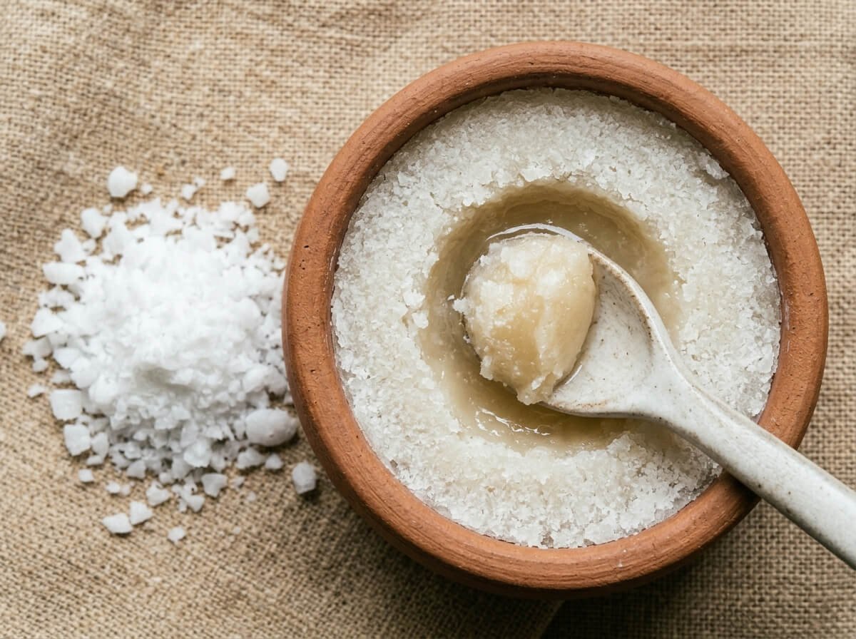 illipe butter scooped from terracotta jar showing fatty acid crystalline texture