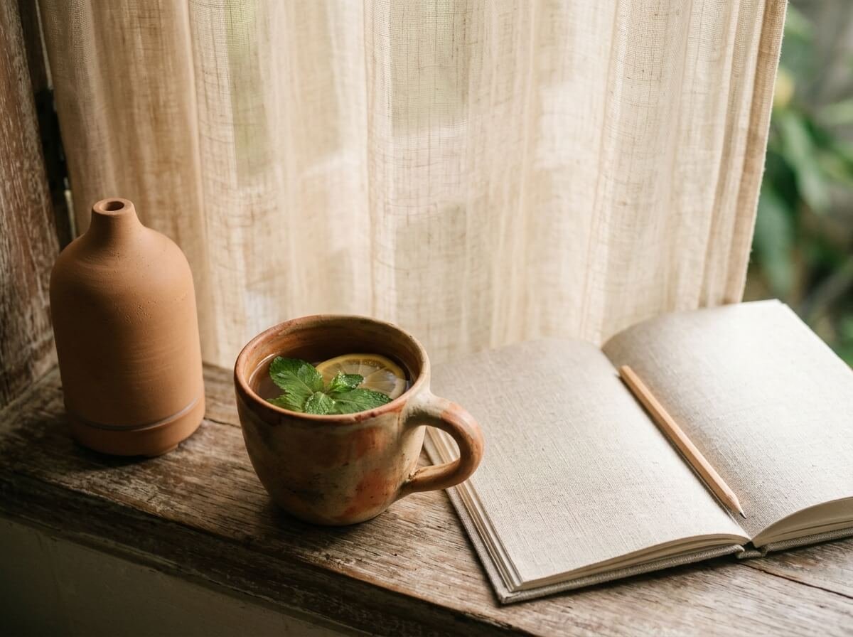 morning aromatherapy ritual with diffuser and tea