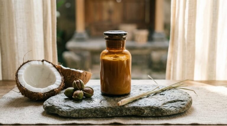 natural body butter in a glass jar on stone with coconut and shea-nut