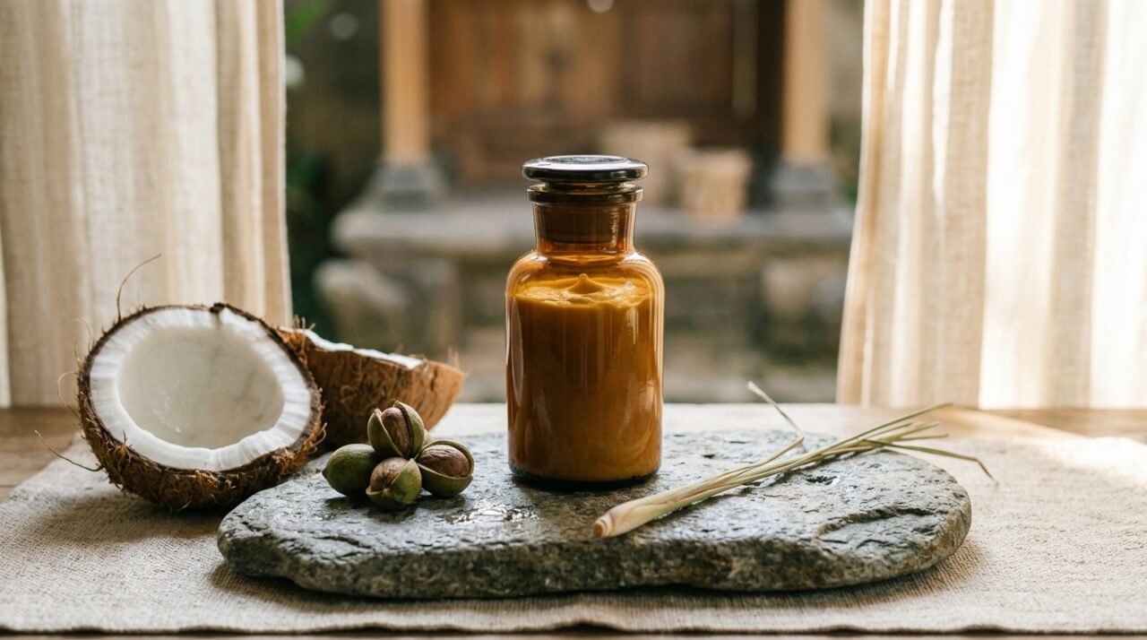 natural body butter in a glass jar on stone with coconut and shea-nut