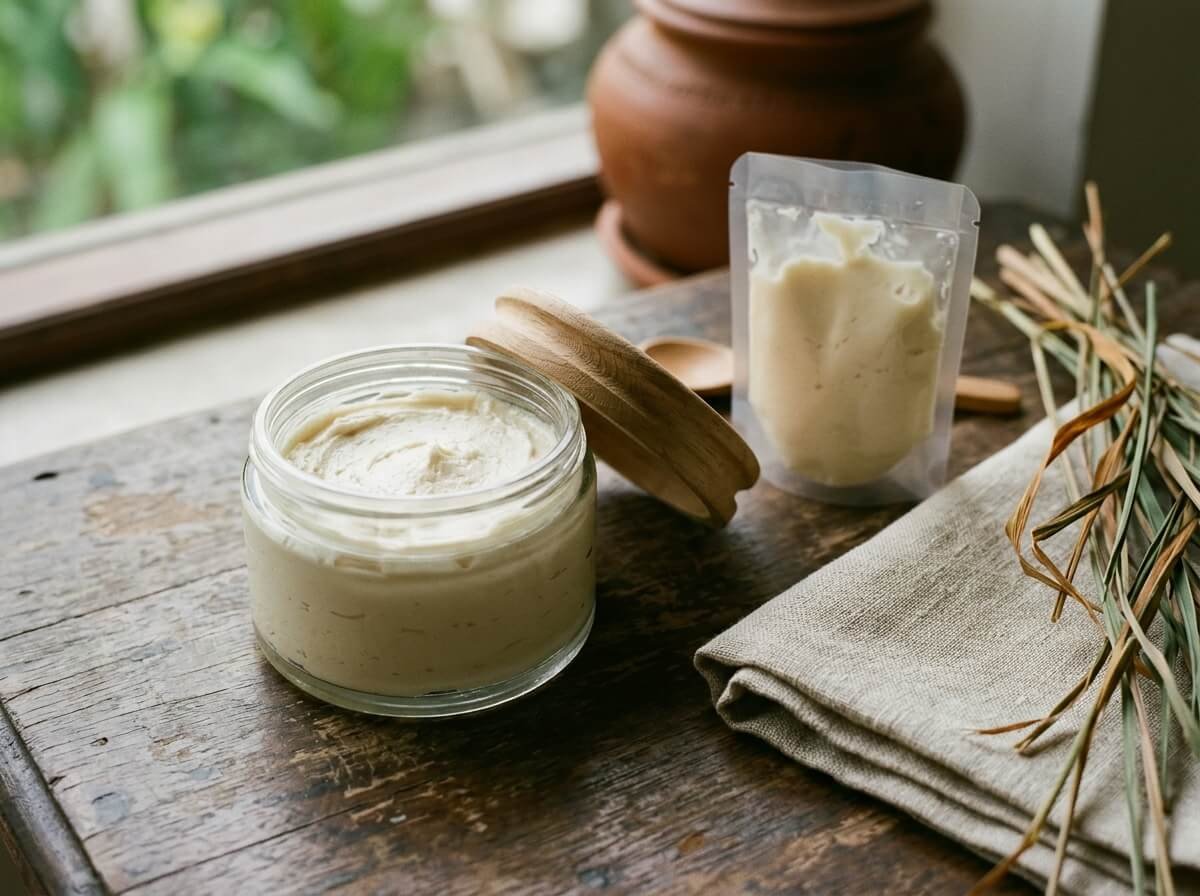 refilling natural body butter jar with refill pouch