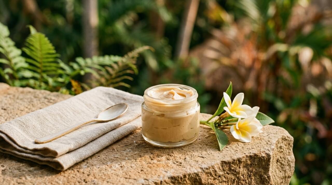 natural face moisturizer in a small glass jar on a sandstone surface with frangipani and linen