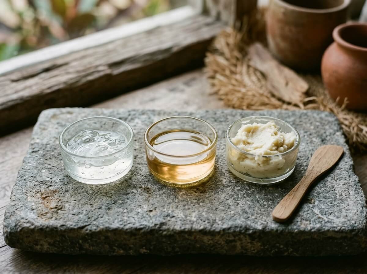 natural face moisturizer ingredients in small glass dishes, including aloe gel, jojoba oil, and shea butter, on a stone surface