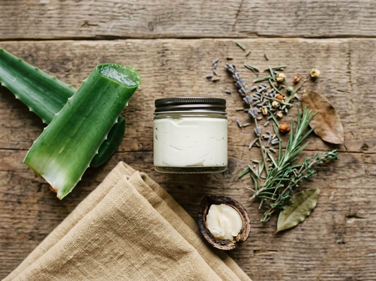 Natural ingredients laid on a wooden surface, including aloe vera leaves, kukui nuts, and a glass jar of moisturizer