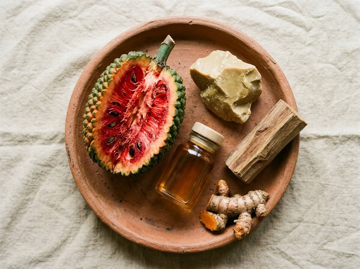 Indonesian botanical pharmacy: Buah Merah, illipe, kukui, sandalwood, and turmeric arranged on a terracotta tray