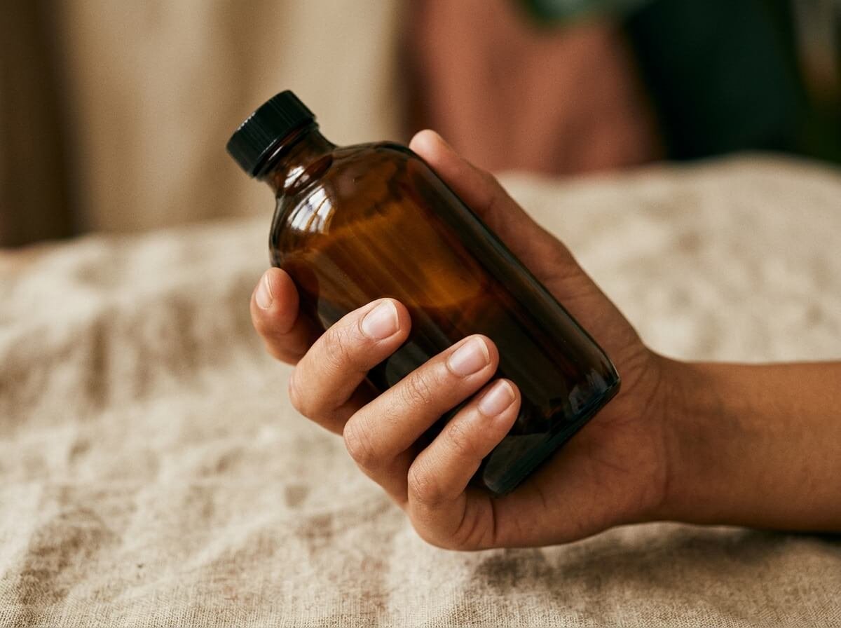 Reading an ingredient list on a natural retinol alternative botanical serum bottle
