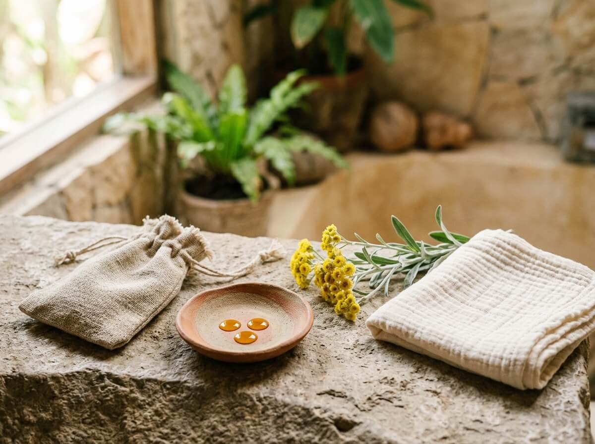 Gentle botanical renewal ritual on a quiet bathroom counter with helichrysum and golden oil