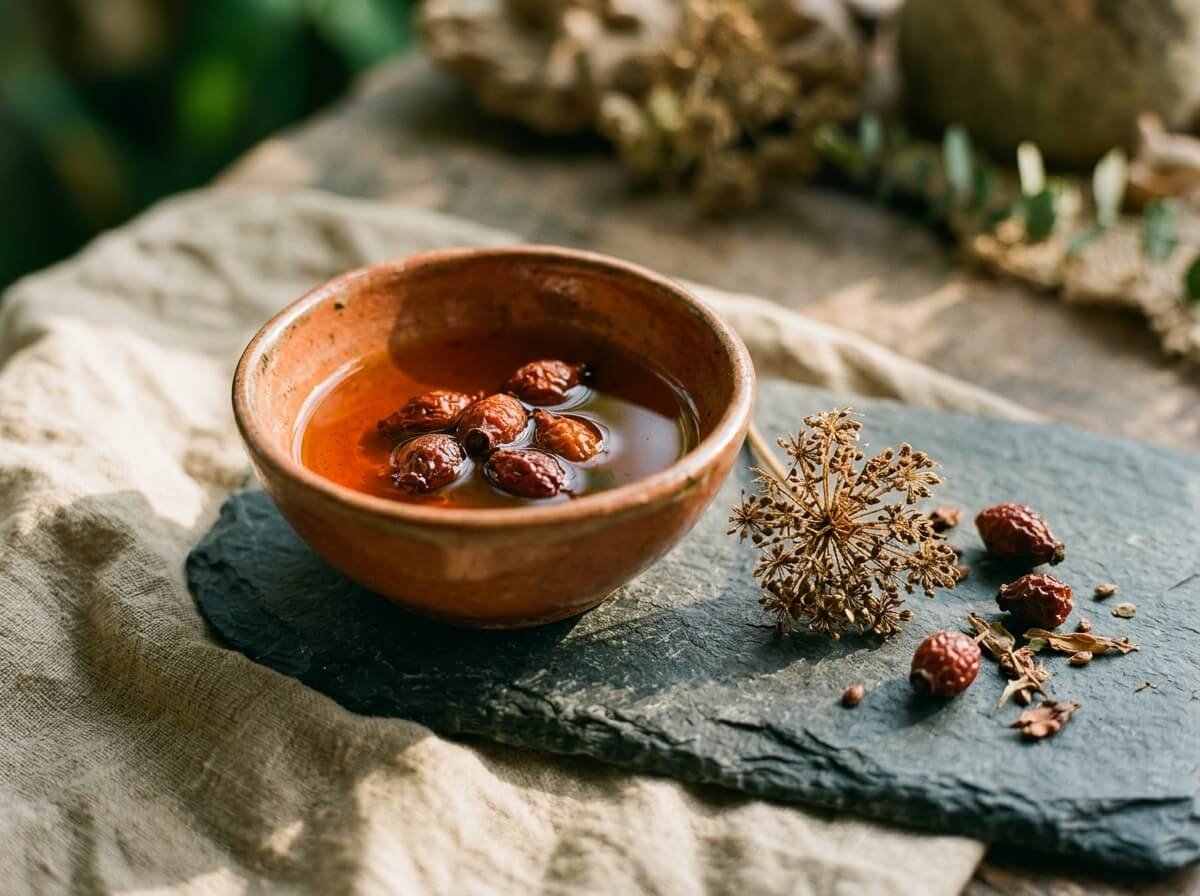 The Western canon of botanical retinol alternatives: bakuchiol, rosehip, and carrot seed in a ceramic bowl