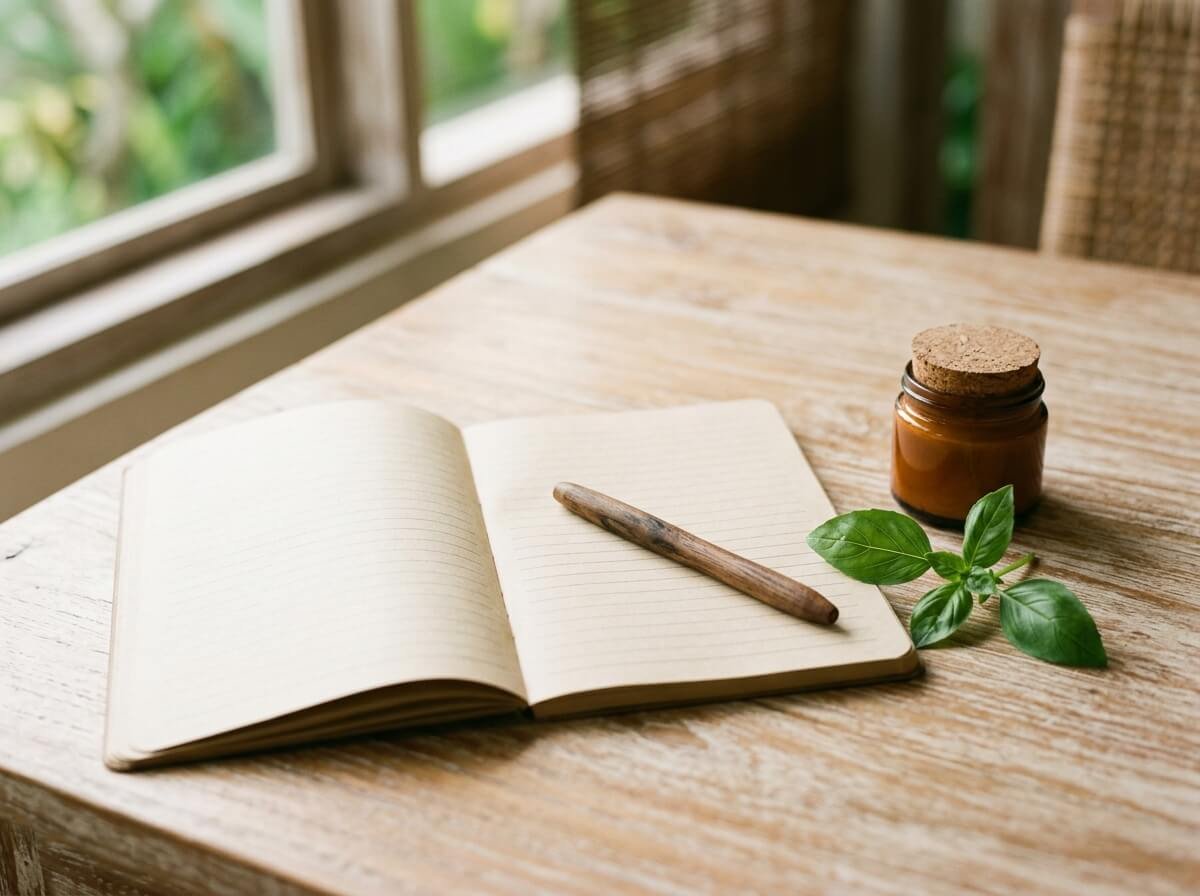 Open notebook beside a jar of natural face moisturizer and a sprig of basil on a sunlit wooden table