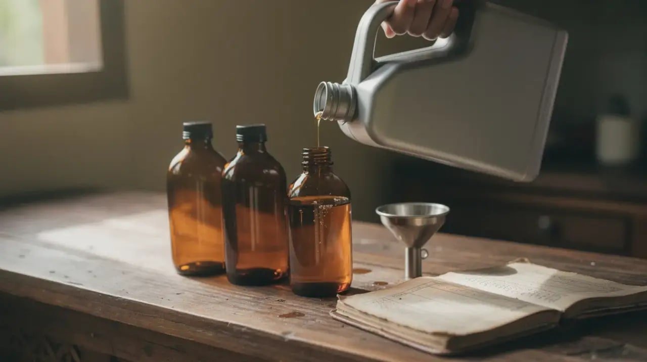 refillable body care station with glass amber bottles and aluminum refill jug