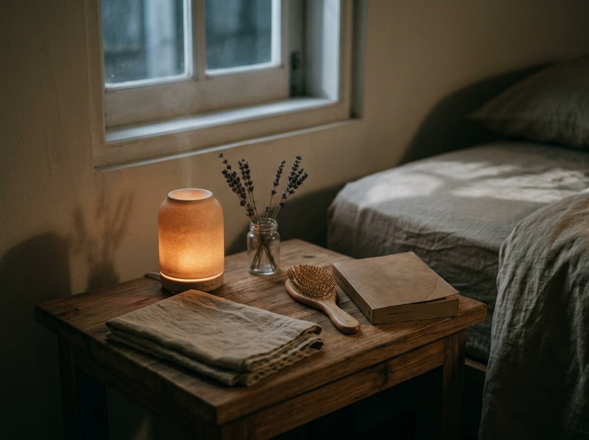 sleep aromatherapy dreamscape blend on a calm bedside table