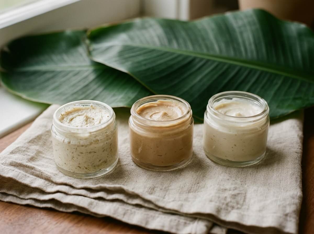 Three glass jars of botanical face moisturizer with different textures, arranged on a linen cloth with tropical leaves