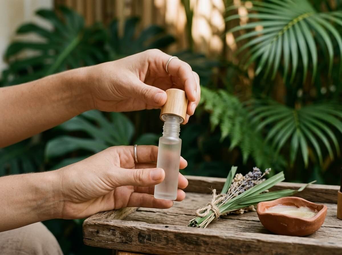 hand opening a natural roll-on deodorant in soft daylight