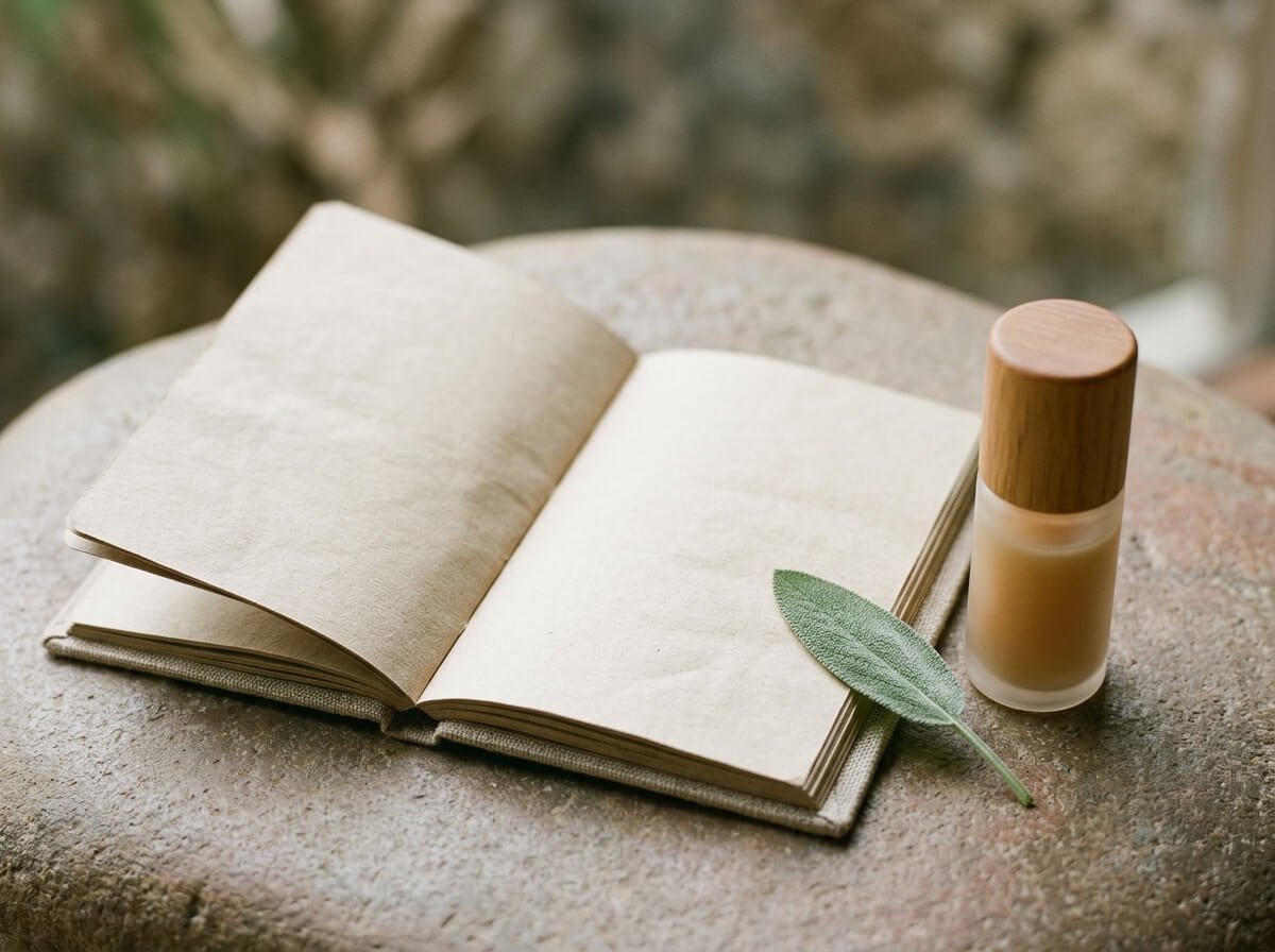 open notebook beside a glass deodorant bottle on stone surface