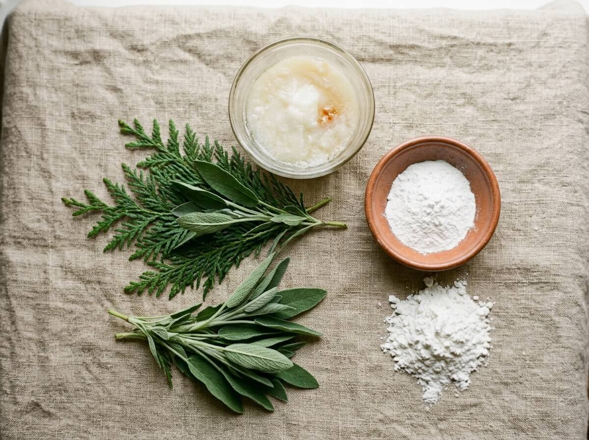 ingredient flat lay with coconut oil cedar leaves and sage