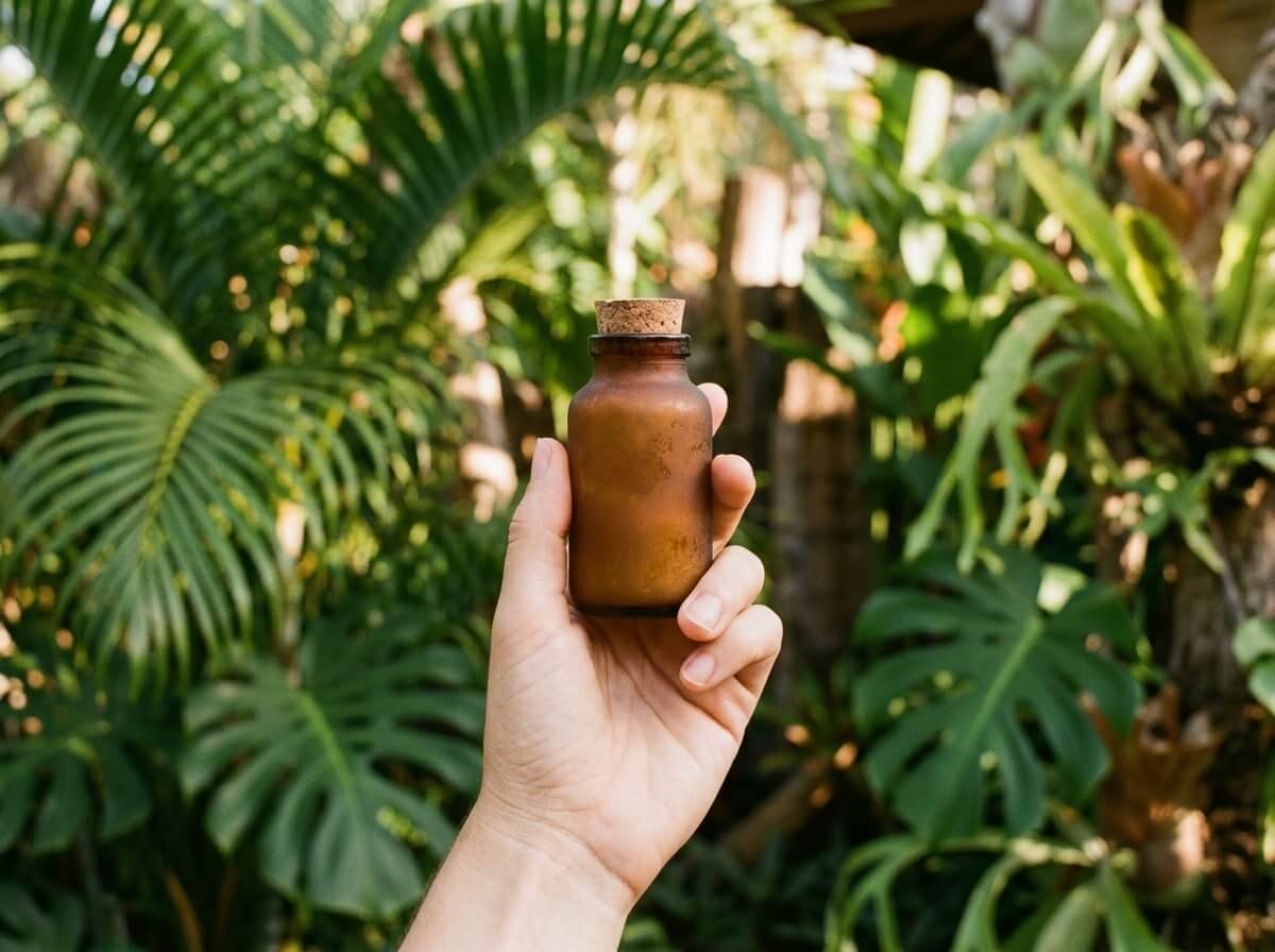 probiotic deodorant glass bottle held in hand near tropical leaves