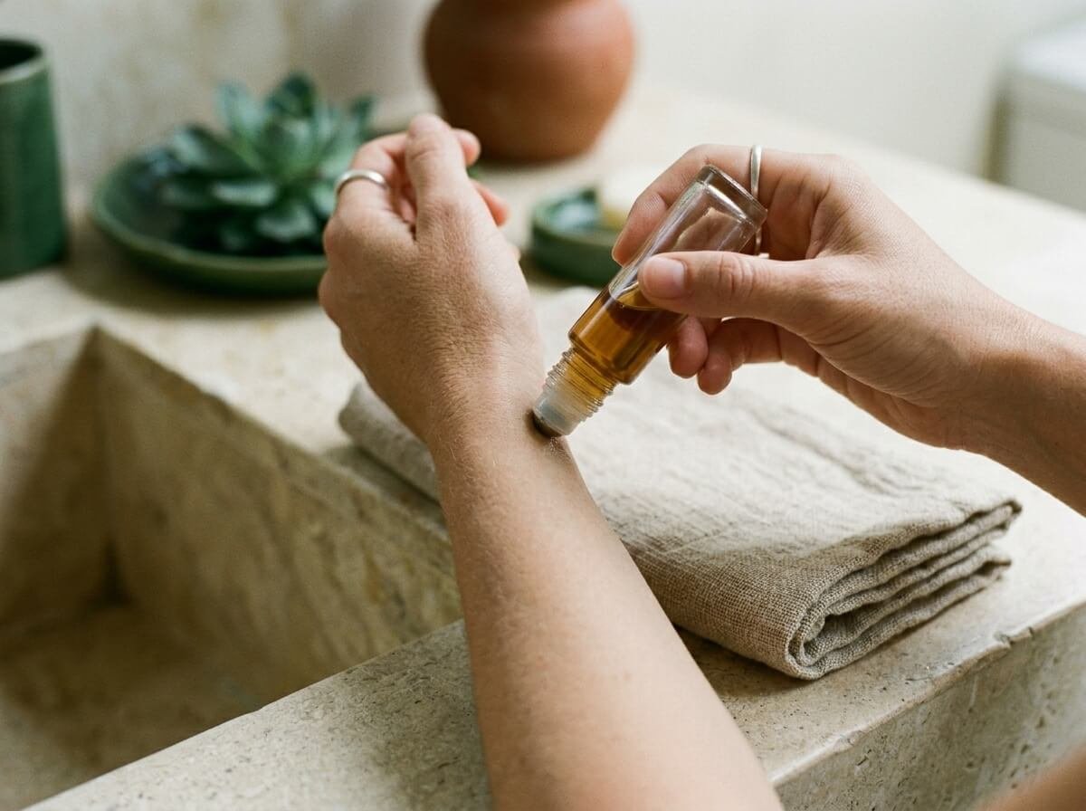 hand applying roll-on deodorant in natural morning light