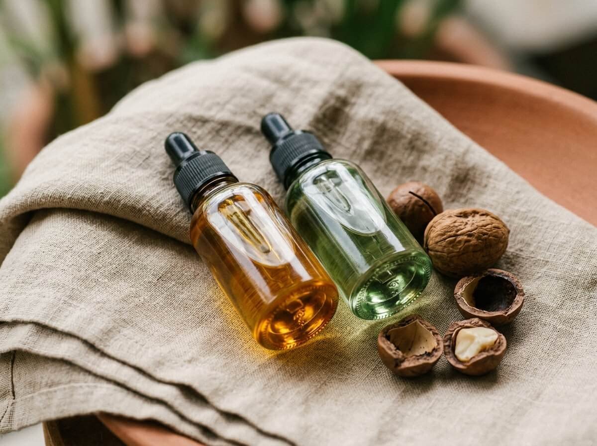 argan oil and tamanu oil bottles side by side