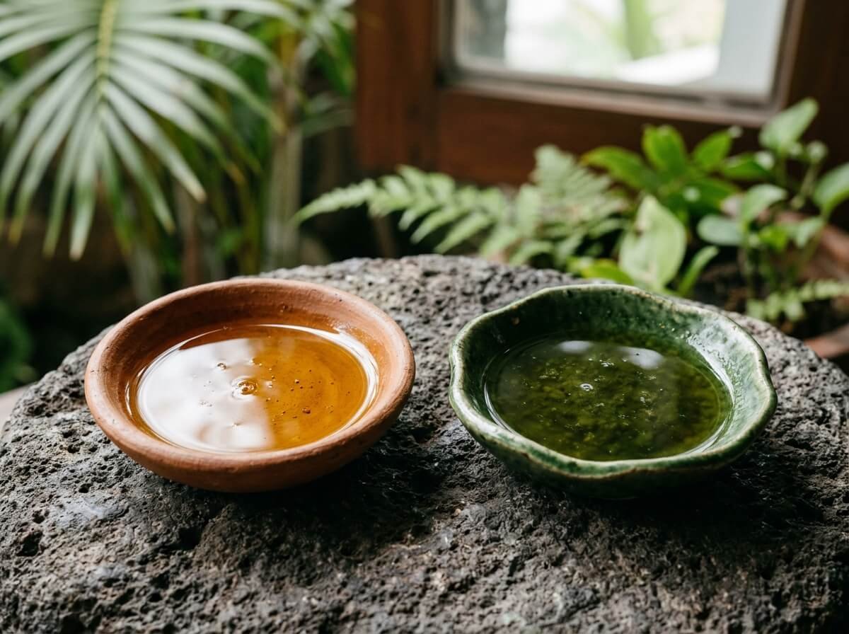 golden argan oil and green tamanu oil compared in dishes