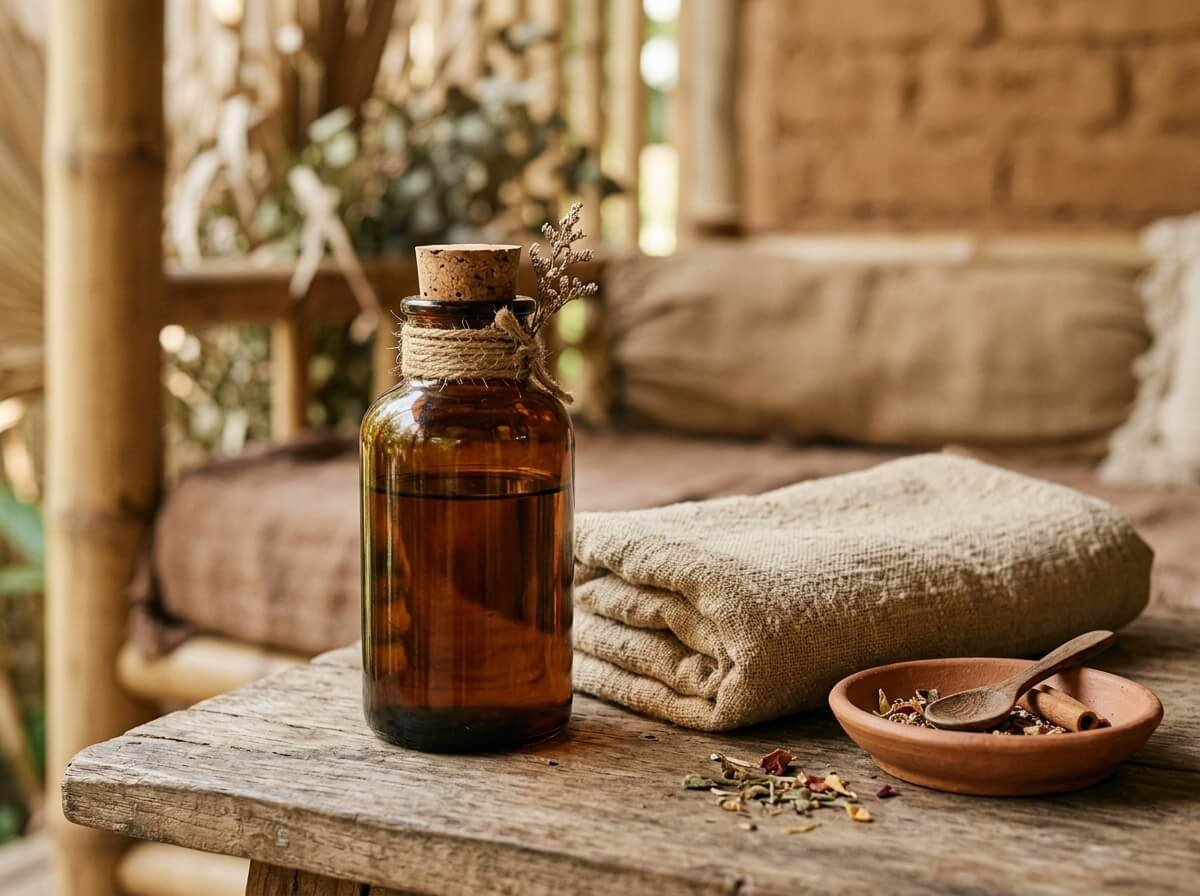 body oil and linen laid out for boreh aftercare