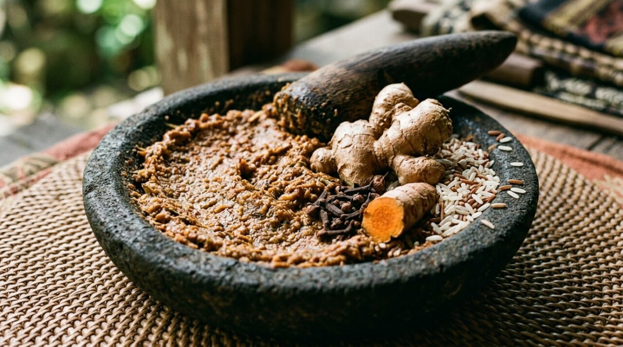 balinese boreh warming herbal body paste in a stone mortar