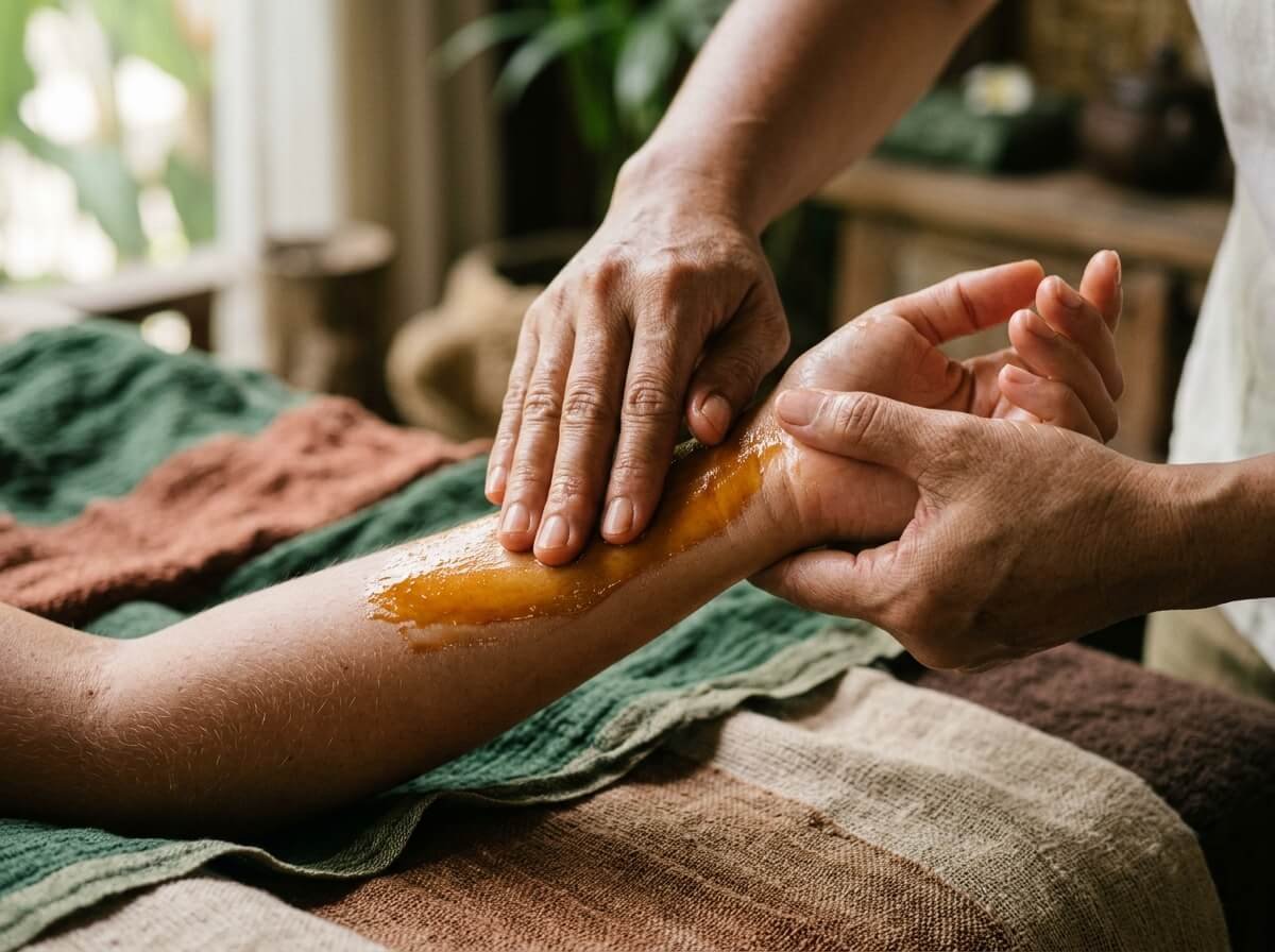 massaging warm oil into the skin during a boreh ritual