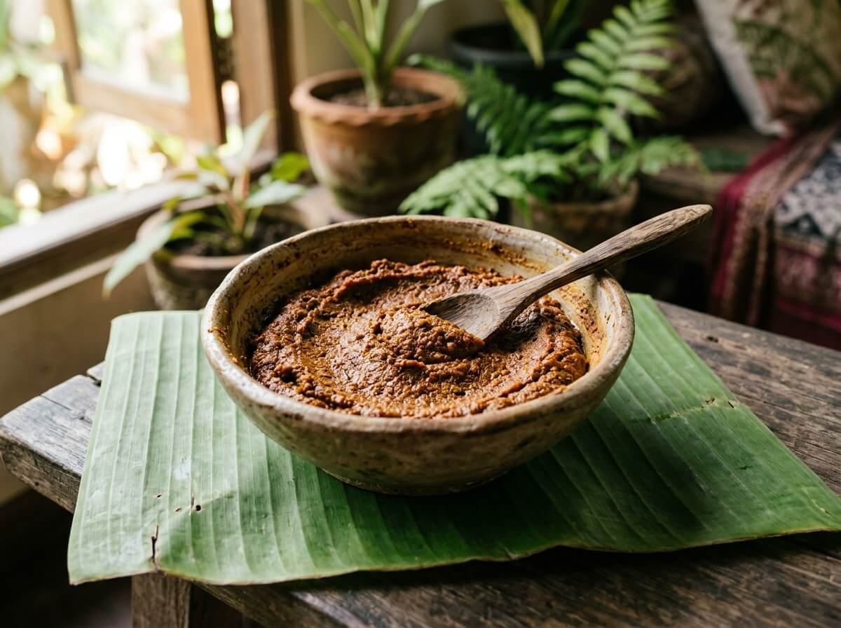 traditional balinese boreh herbal paste in an earthenware bowl
