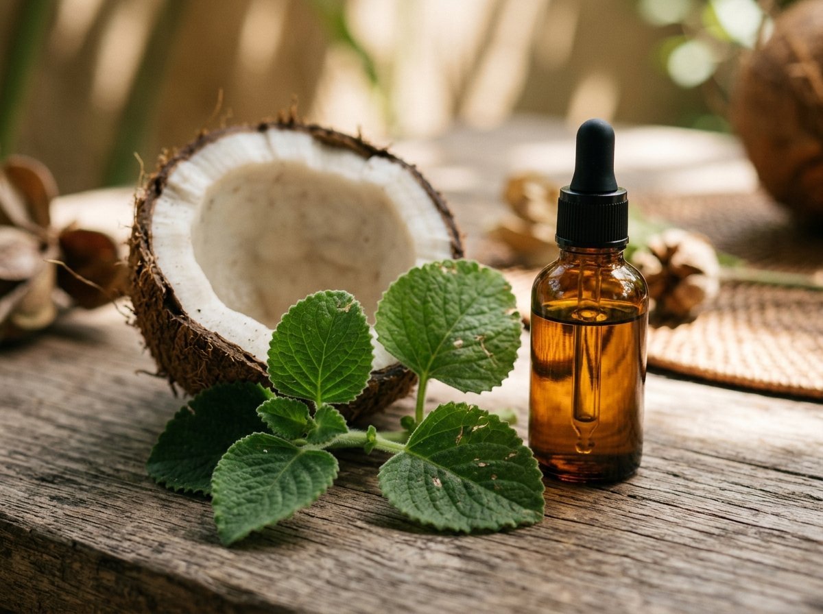 coconut and rose geranium botanicals inside a natural body oil