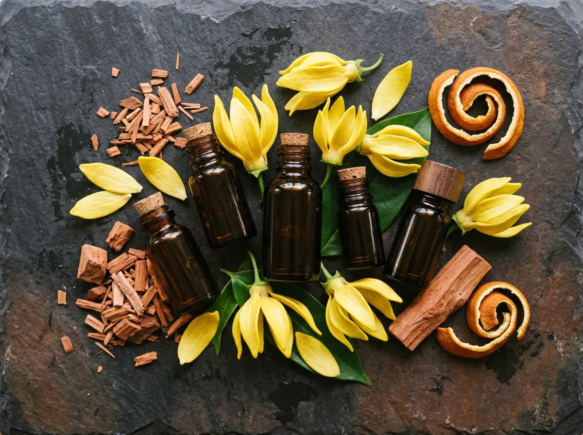 flat lay of cananga essential oil with sandalwood and citrus for blending