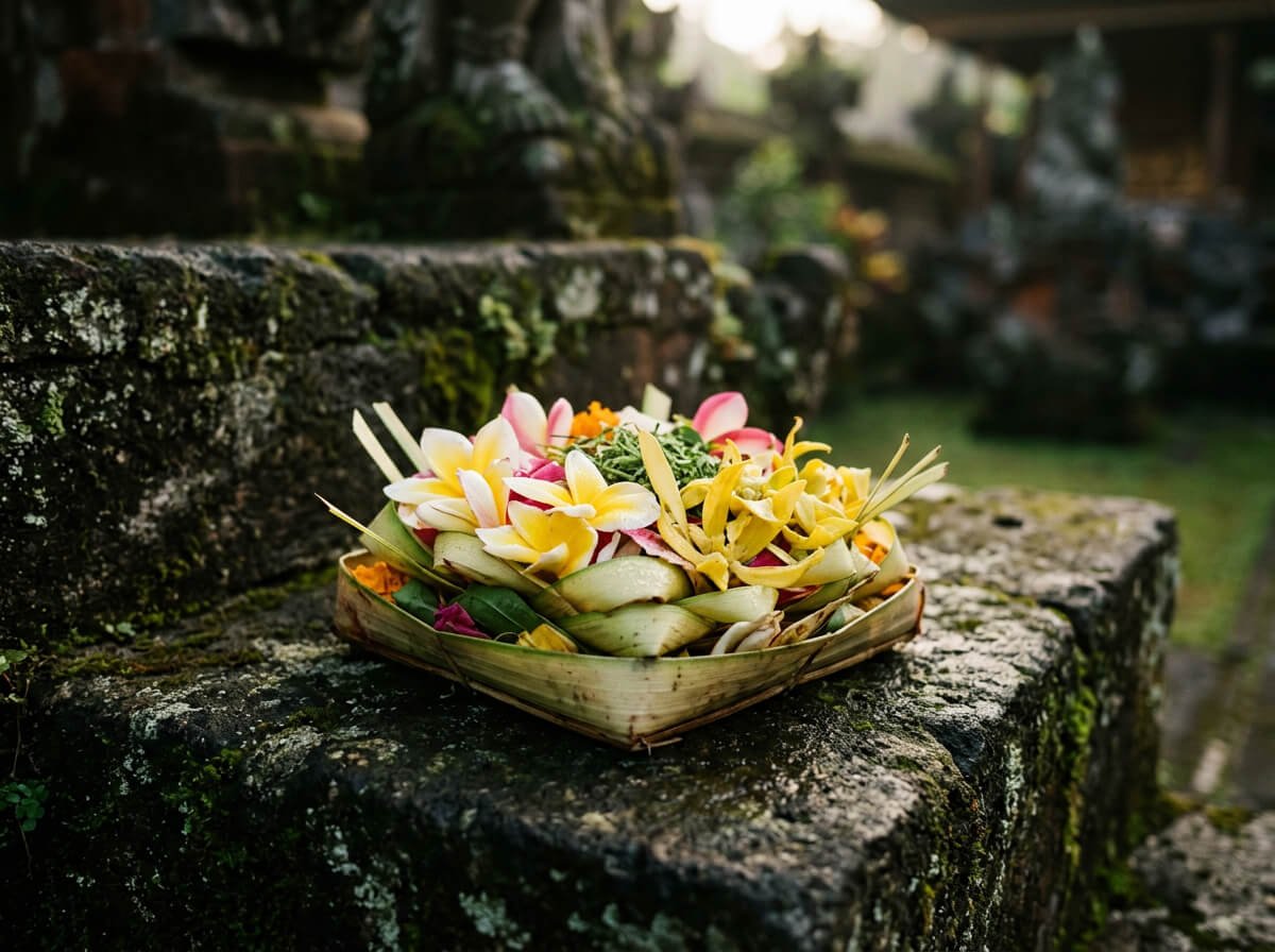 canang sari palm-leaf offering with yellow cananga flowers on temple stone