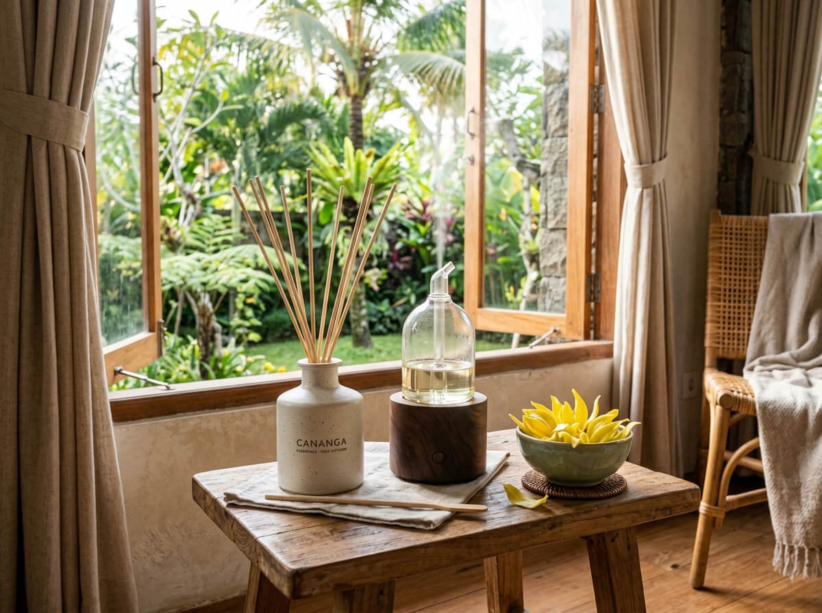 reed diffuser and nebulizing diffuser with cananga flowers by a window