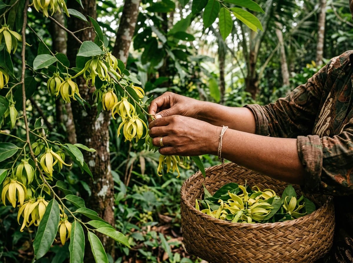 harvesting cananga odorata flowers into a rattan basket in an Indonesian grove