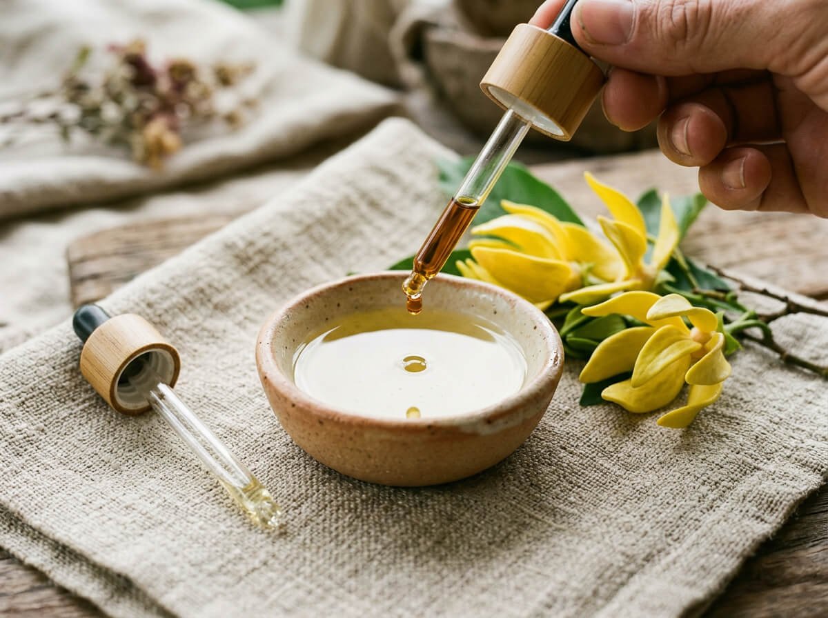 diluting cananga essential oil into carrier oil with a dropper and pipette
