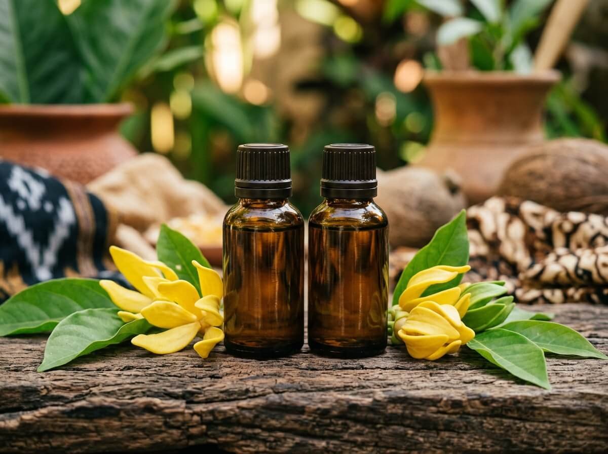 cananga and ylang-ylang essential oil bottles side by side with fresh blossoms