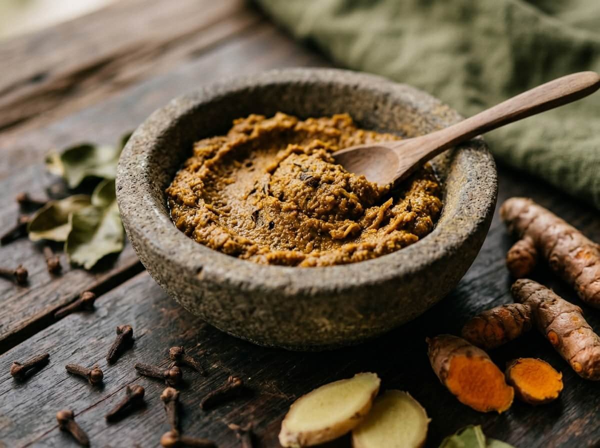 Warming Balinese boreh paste with clove, turmeric, and ginger