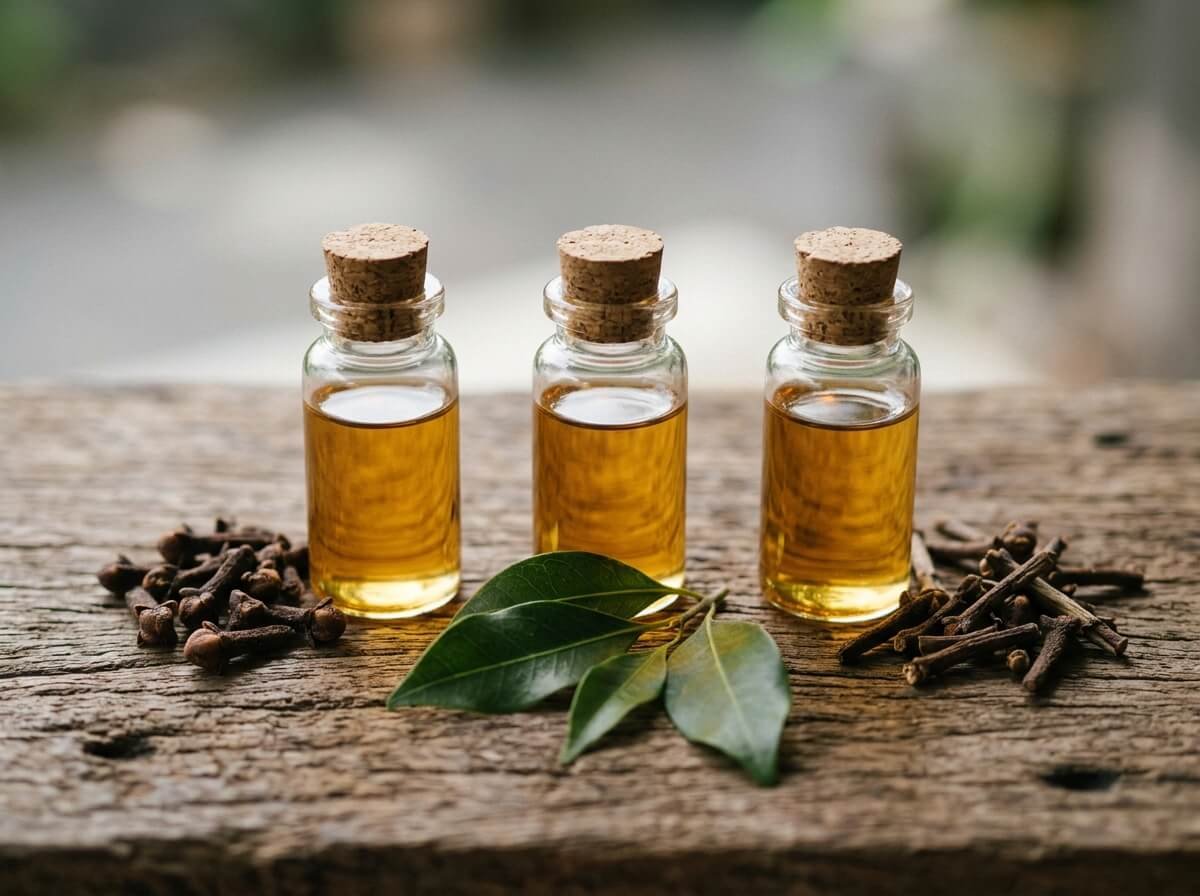 Three clove oils from bud, leaf, and stem shown side by side