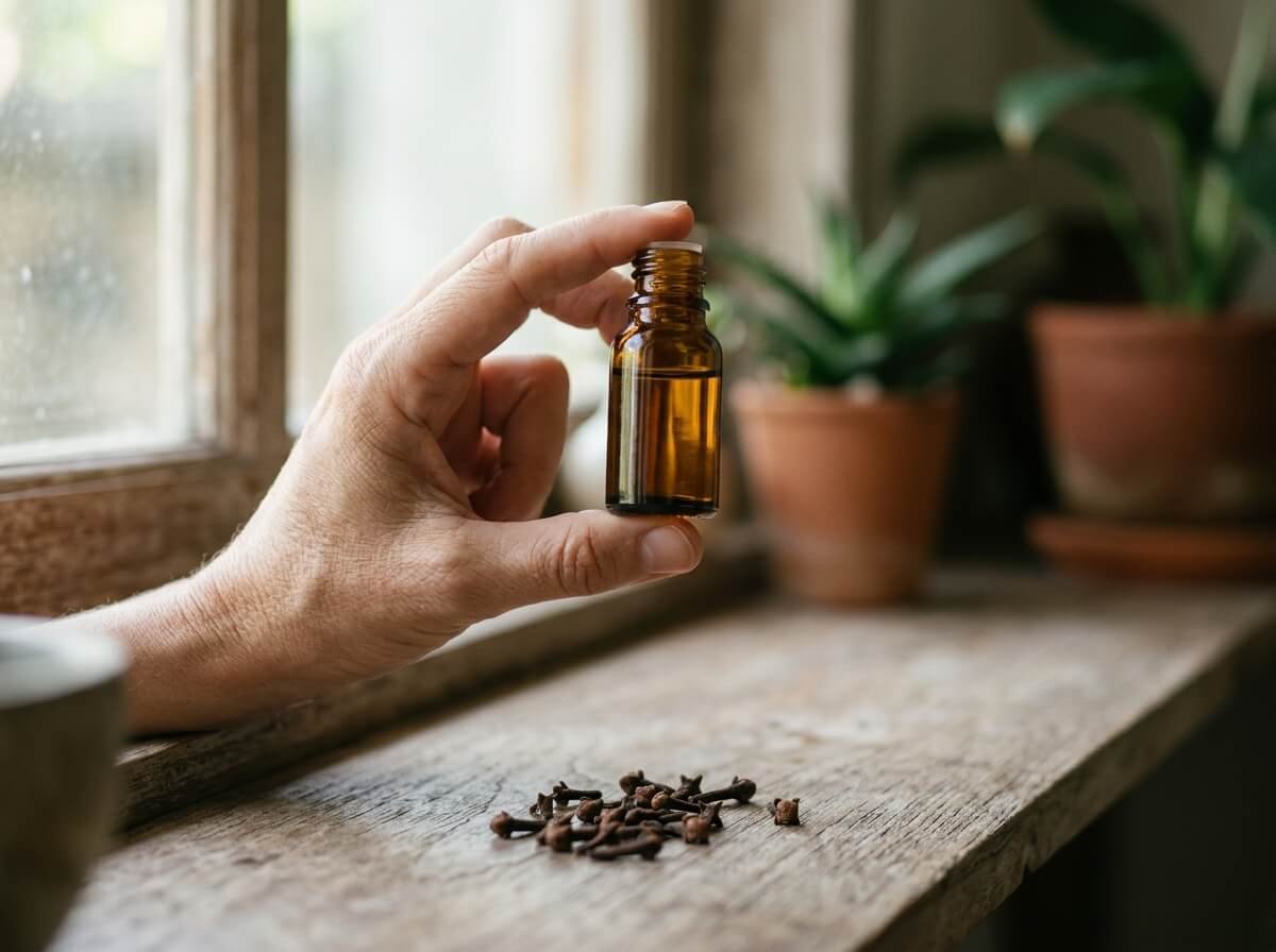 Inspecting a bottle of clove essential oil for quality against the light