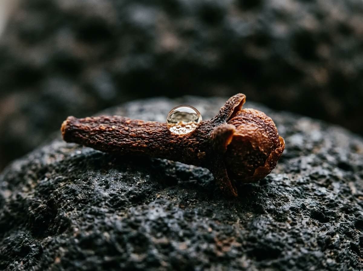 Macro of a clove bud holding a single bead of eugenol-rich oil